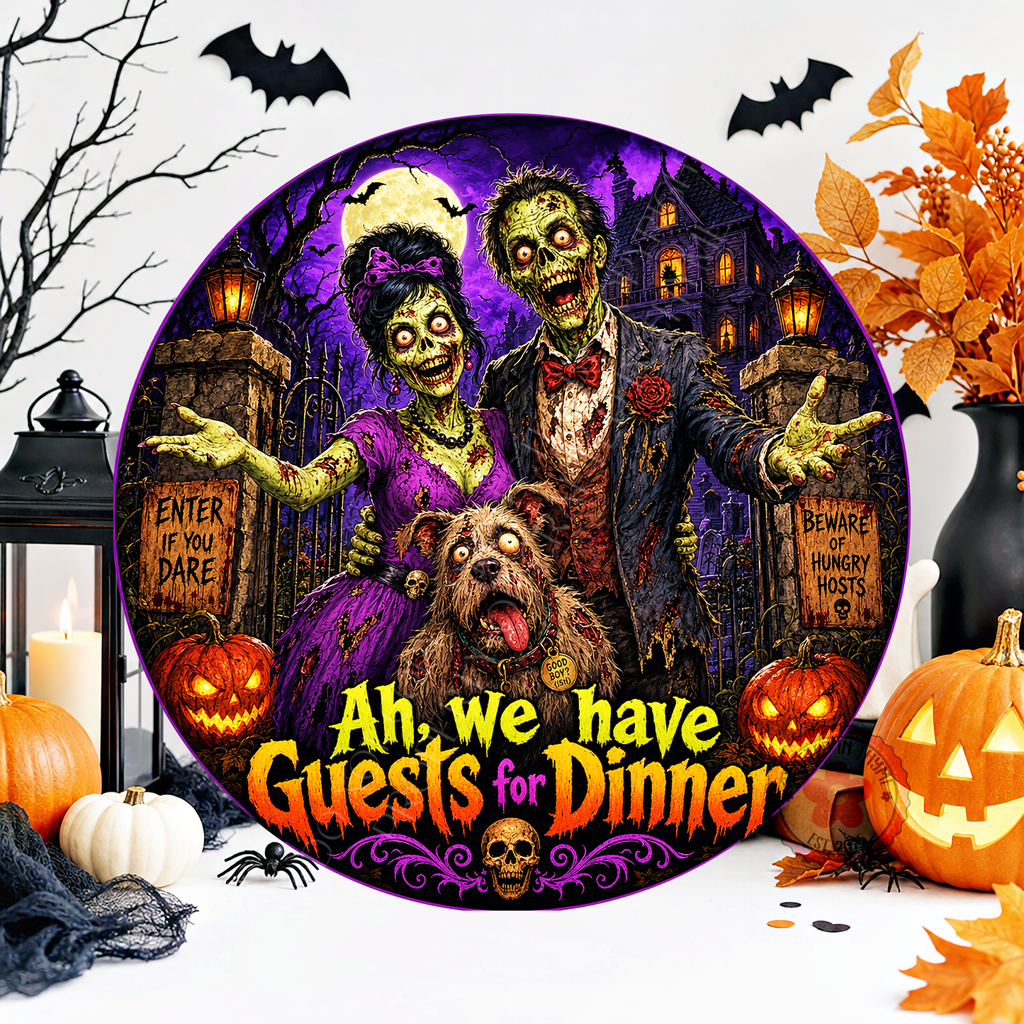 Zombies Wreath Sign, Round Metal Sign For Wreaths, Creepy Wreath Attachment, Halloween Fall Wreath Sign