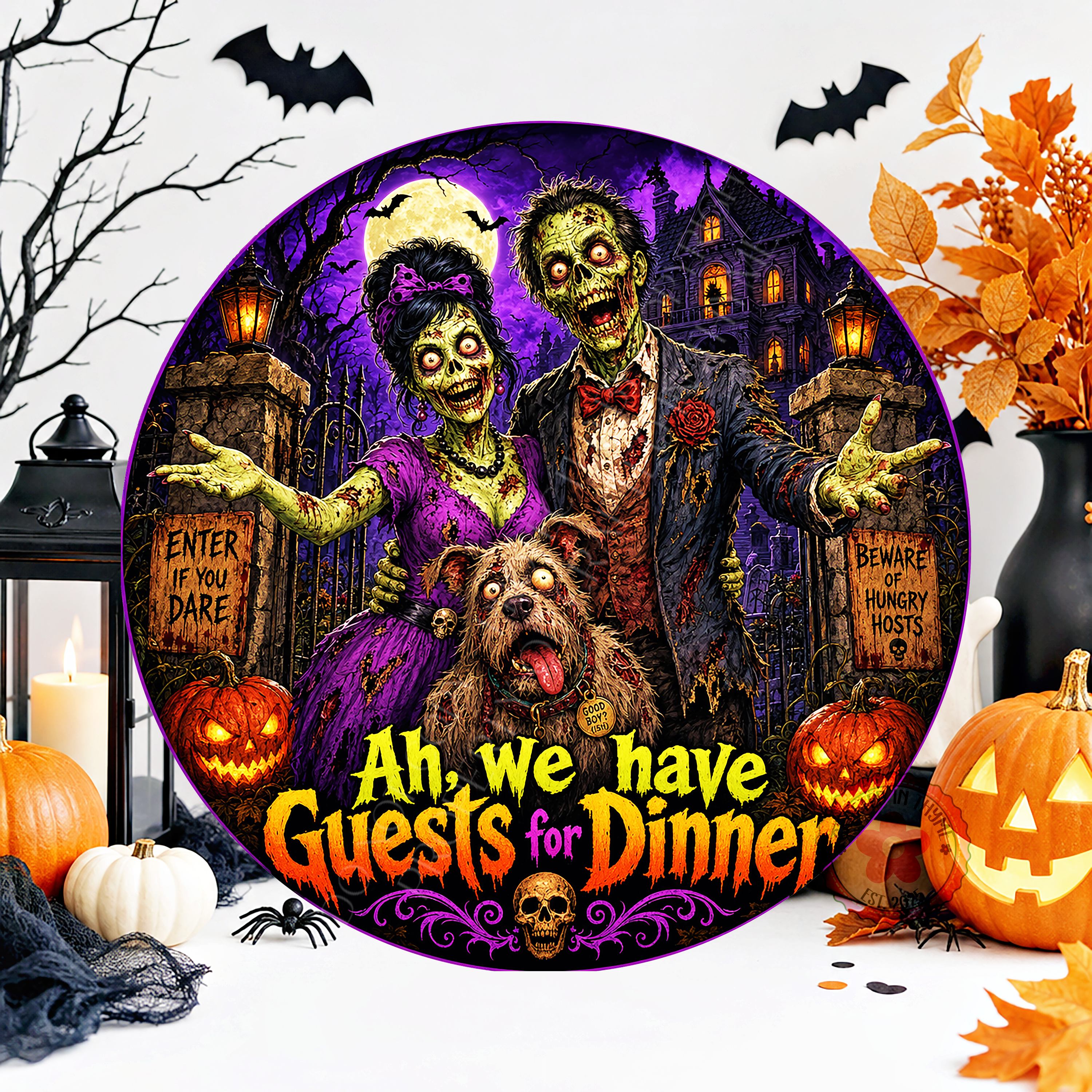 Zombies Wreath Sign, Round Metal Sign For Wreaths, Creepy Wreath Attachment, Halloween Fall Wreath Sign